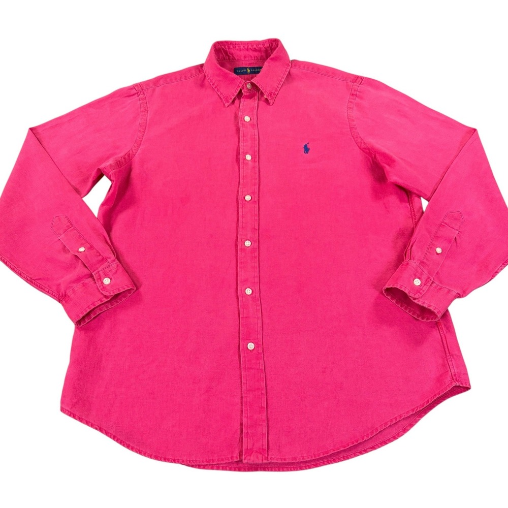 Polo Ralph Lauren Linen Shirt Mens Large Pink Long Sleeve Button Down Pony Logo